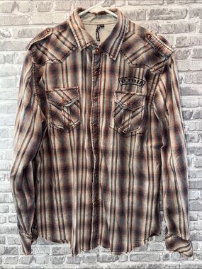 Truth‎ soul armot Plaid Button-Up Shirt with Front Pockets - Brown & Blue